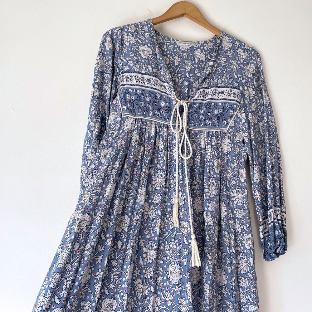 Blue Floral Boho Peasant Midi Dress XS S Tassel Tie Cottagecore Resort